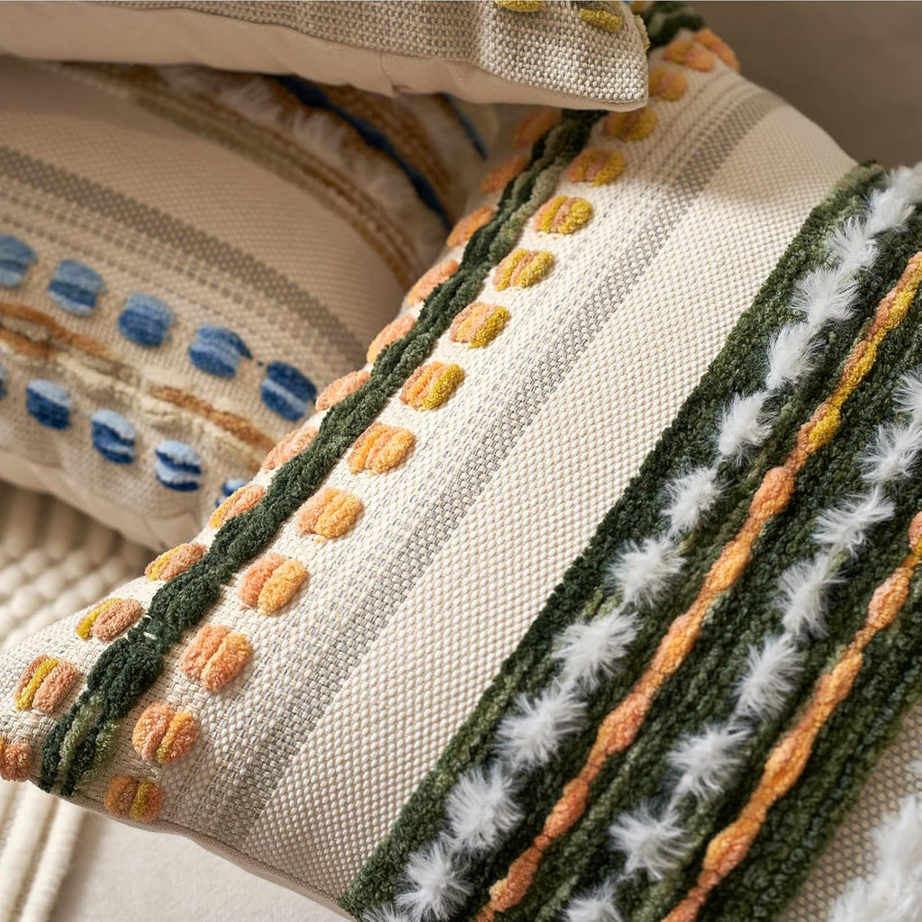 Aeckself Boho Chenille Tufted Throw Pillow Covers 18x18 Inch Set of 2, Farmhouse Decorative Striped Square Pillow Covers Accent Neutral Pillowcase for Living Room Couch Bed, Green