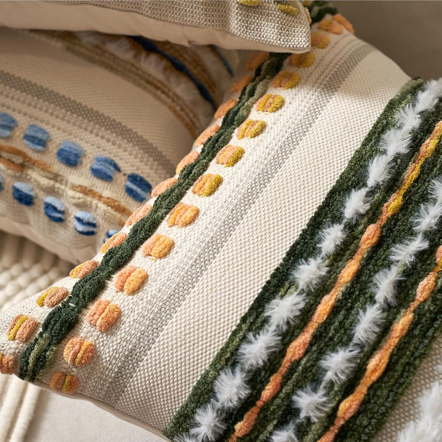 Aeckself Boho Chenille Tufted Throw Pillow Covers 18x18 Inch Set of 2, Farmhouse Decorative Striped Square Pillow Covers Accent Neutral Pillowcase for Living Room Couch Bed, Green