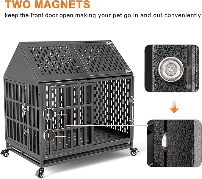 38 Inch Heavy Duty Dog Crate with Self-Locking Latch for High Anxiety Dogs, Indestructible Large Kennel Indoor with Pointed Roof, Removable Trays and Lockable Wheels, Chew Proof Cage