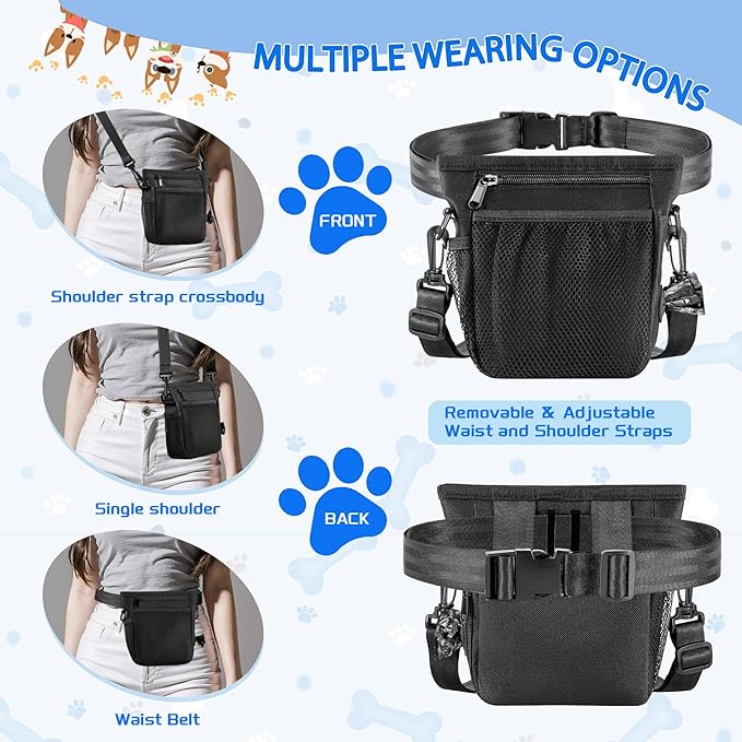 Dog Treat Pouch, Dog Treat Pouches for Pet Training with Clicker, Adjustable Belt, Shoulder Strap, Poop Bags roll, 3 Ways wear, for Outdoor Walks, Training, and Travel, 2 Silicone Bags