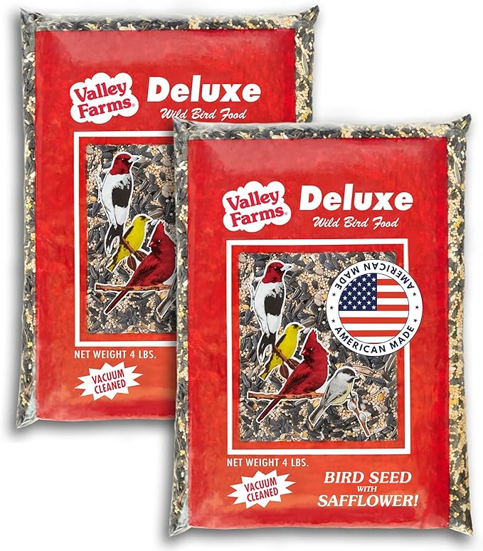 Valley Farms Deluxe Blend 4 LB 2-Pack (8 LBS Total) Wild Bird Food for Outside Feeders with Black Oil Sunflower Seed and Safflower Seed for Birds - A Select Birdseed