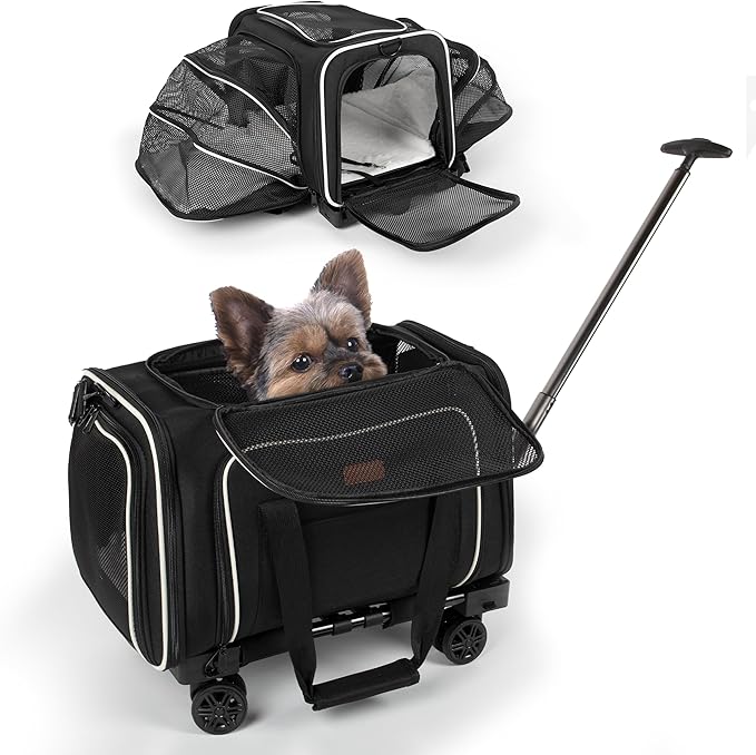 Pet Carrier for Travel - 15 LBS MAX Dogs/Cats Expandable - Airline Approved & Roomy - Premium Pets Carrier with Wheels - Cozy Soft-Lined Travel Carrier - Stylish Black Design