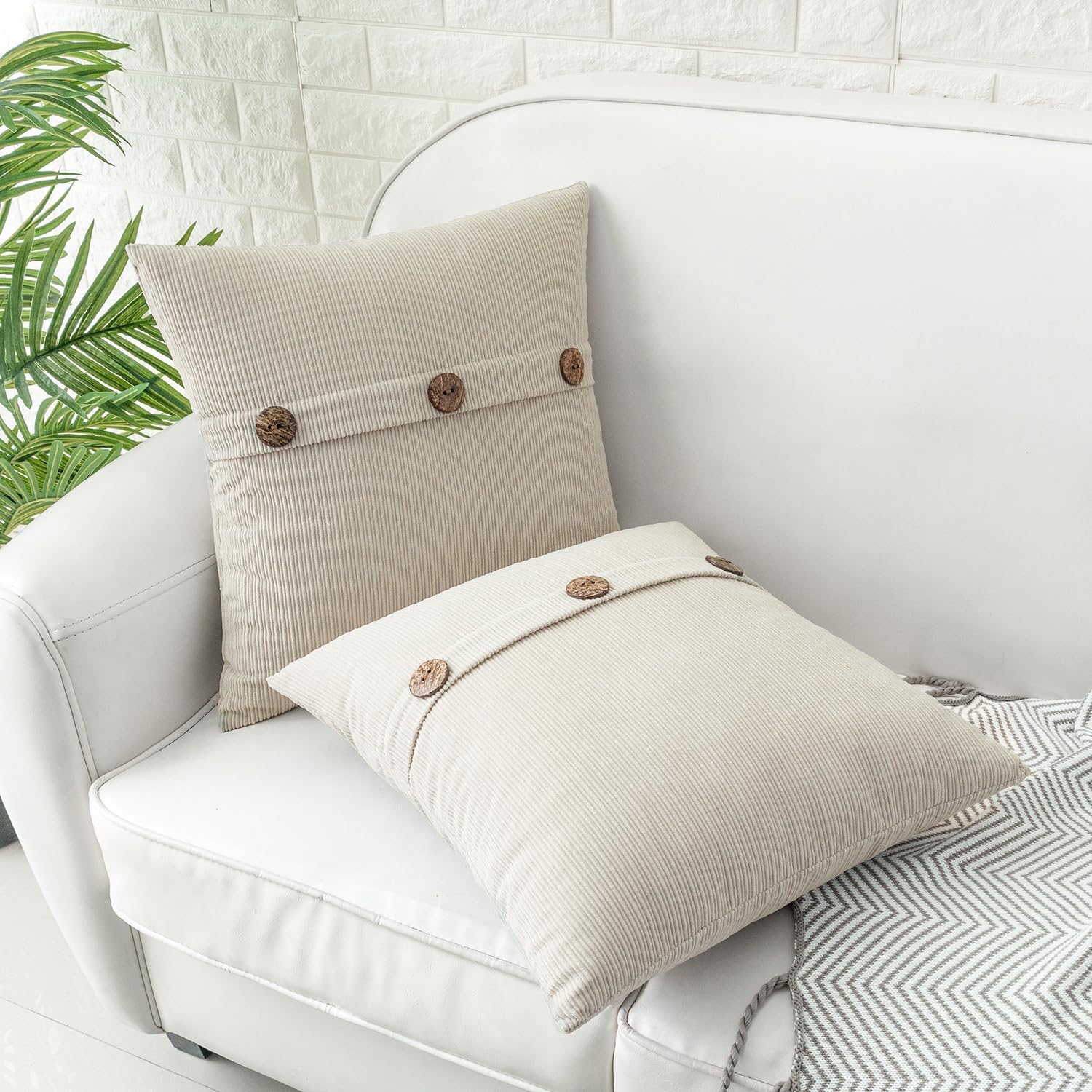 HWY 50 Cream White Chenille Throw Pillow Covers 20x20 Inch with Triple Buttons, Soft Farmhouse Accent Decorative Cushion Cases for Couch Sofa Bed Living Room Pack of 2