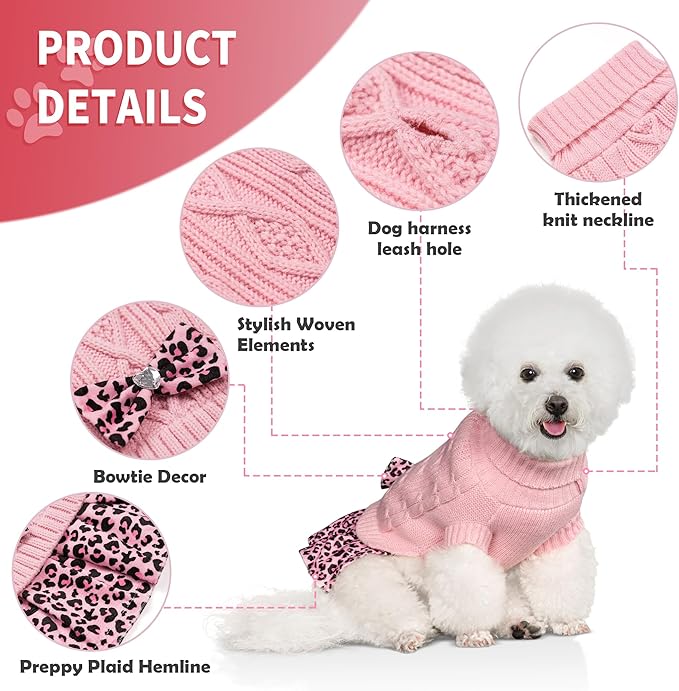 WOYYHO Girl Dog Sweater Dress with Bowtie Turtleneck Small Dogs Sweater with Leash Hole, Knitted Small Dog Sweaters Dress Puppy Winter Clothes for Yorkies Chihuahua (S, Pink Leopard)