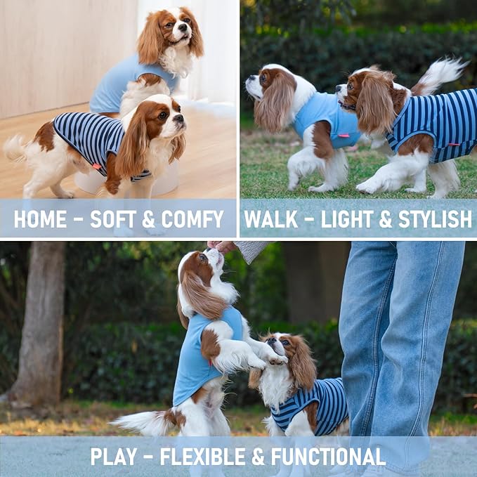 KYEESE 2Pack Dog Shirts Striped T Shirt for Medium Dogs Boy Lightweight Sleeveless Vest Cotton Tank Top Clothes, XX-Large,Dark Blue+Striped