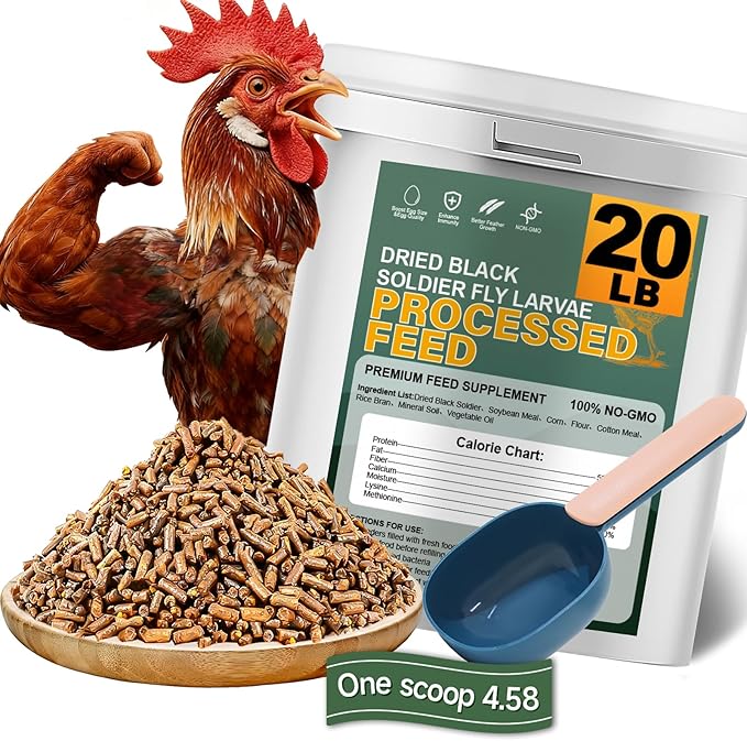 Chicken Feed, 20lb Dried Black Soldier Fly Larvae Pellets for Chickens, Organic Chickens Feed with More Protein & Calcium Than Mealworms, Processed Chicken Food for Laying Hens