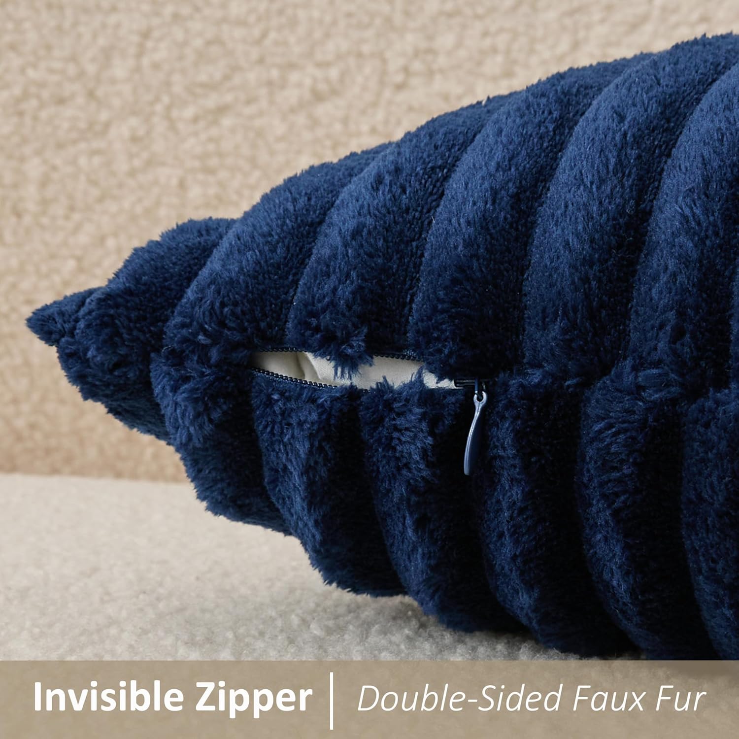 Kevin Textile Soft Plush 12x24 Inch Lumbar Pillow Cover 1 Pack, Luxury Fluffy Faux Fur Striped Flannel Rectangle Cushion Case for Couch Sofa Chair Bed Home Decor, Navy Blue