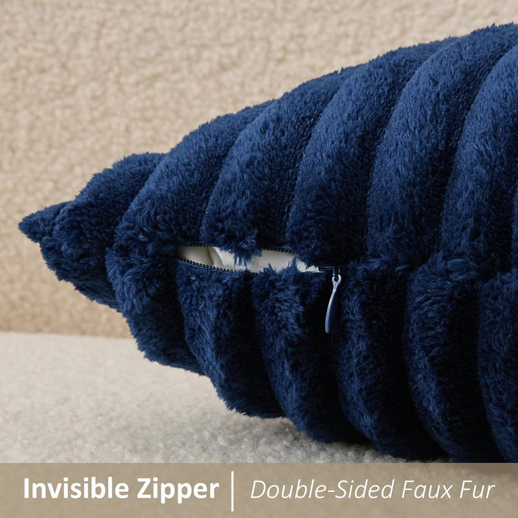 Kevin Textile Soft Plush 12x20 Inch Lumbar Pillow Cover 1 Pack, Luxury Fluffy Faux Fur Striped Flannel Rectangle Cushion Case for Couch Sofa Chair Bed Home Decor, Navy Blue