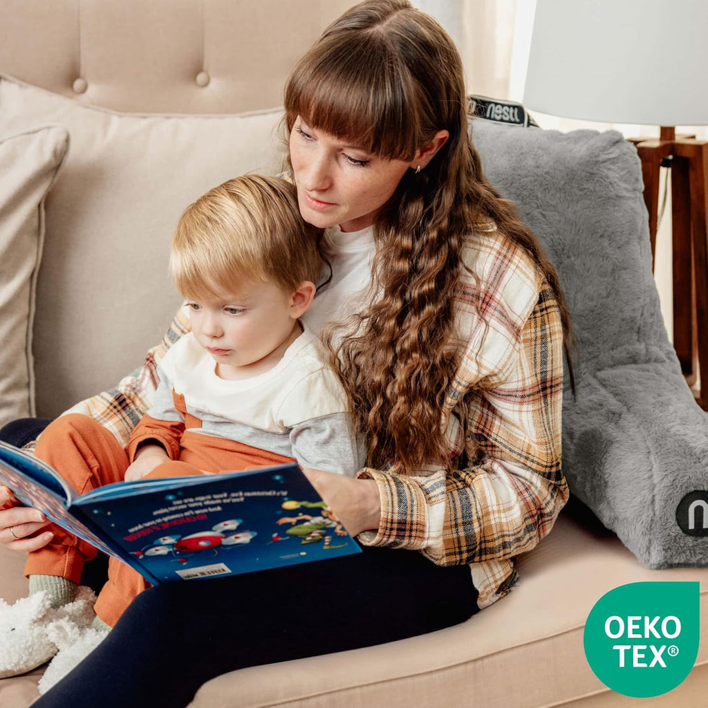 Nestl Fur Reading Pillow with Shredded Memory Foam, Stylish Back Pillow for Bed Sitting Up, Faux Fur Reading Pillows for Sitting in Bed Adult & Kids, Sit Up Back Support Pillow with Arms - Dark Grey