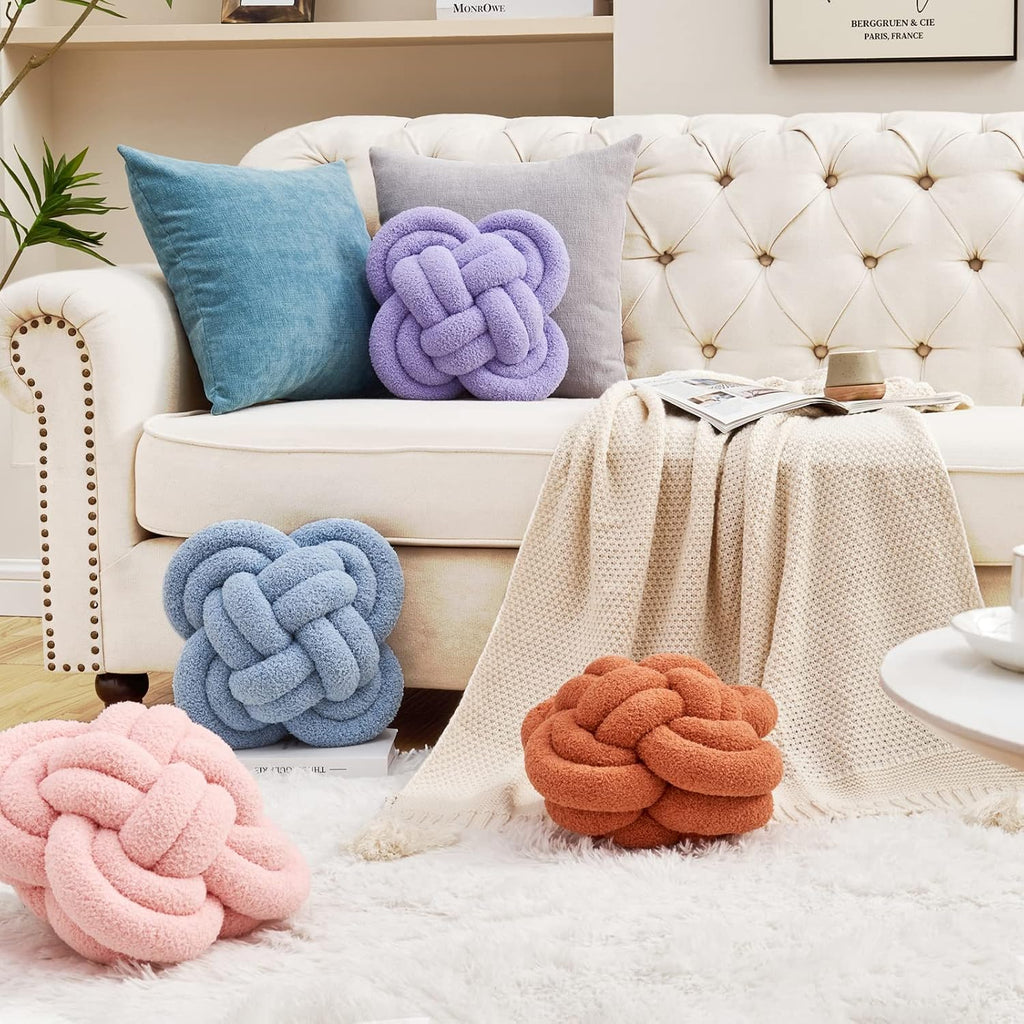 Xiashrk Knot Pillow Ball, 12" Soft Decorative Throw Pillows for Couch Bed, Rust Red Knotted Plush Throw Pillow Handmade Square Cushion Home Couch Decor Pillows for Living Room