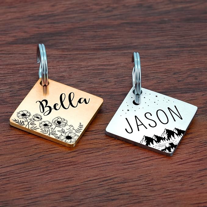 Ultra Joys Stainless Steel Pet ID Tags - Personalized Front and Back Engraving, Customized Dog and Cat Tags, Optional Engraved on Both Sides, Diamond Flower Rose Small
