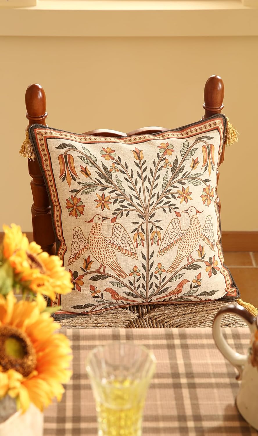 Square Brown Throw Pillow Covers,Floral Farmhouse Yellow Birds Flower Pattern Linen Accent Pillows Cover for Couch,Decorative Pillows for Couch Sofa Bed Chair Cushion Covers 18"x18"