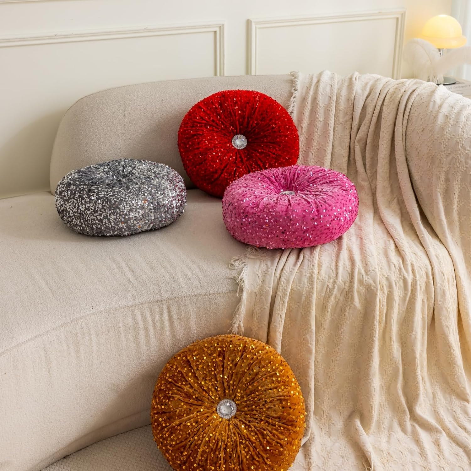 Round Throw Pillow, 13.7in Soft Solid Color Sequin Glitter Decorative Round Pillow Circle Floor Pillows Cushions for Sofa Bed Chair Living Room Floor Car Home Decoration, White