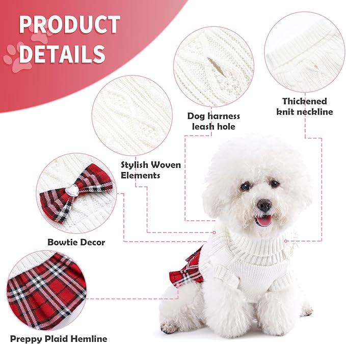 WOYYHO Girl Dog Sweater Dress with Bowtie Turtleneck Small Dogs Sweater with Leash Hole, Knitted Small Dog Sweaters Dress Puppy Winter Clothes for Yorkies Chihuahua (Large, White)