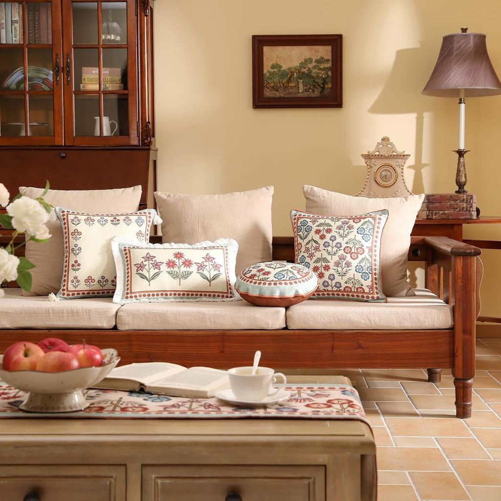 Blue Throw Pillow Covers Set of 2,Cottage Rustic Farmhouse with Wild Flowers Pattern Linen Pillowcases,Decorative Square Pillows Cushion Cover for Couch Sofa Bed Chair Car,18x18 Inches