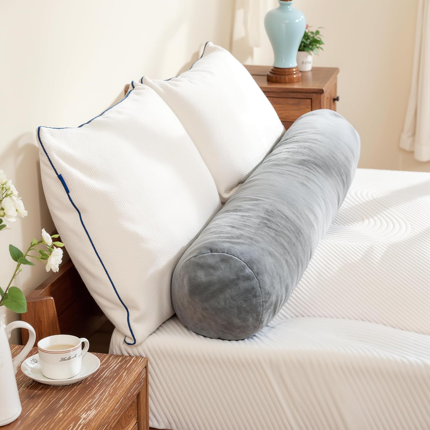 SyMax 7.8"x60" Body Pillow for Queen Bed, Bolster w/Removable Polyester Cover, Headboard Gap Filler Pillow, Light Grey