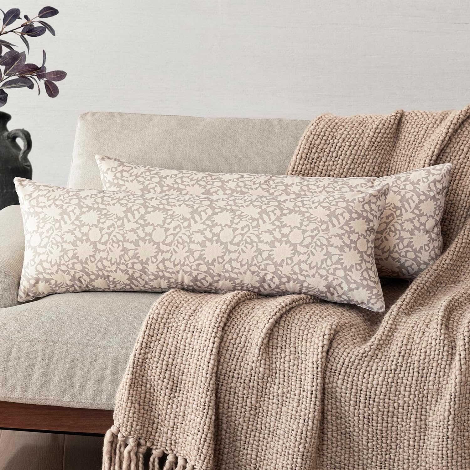 Foindtower Set of 2 Decorative Long Body Lumbar Throw Pillow Covers Accent Farmhouse Cushion Covers Boho Floral Pillowcase for Couch Sofa Bedroom Living Room Home Decor,14×36 Inch,Ivory Beige