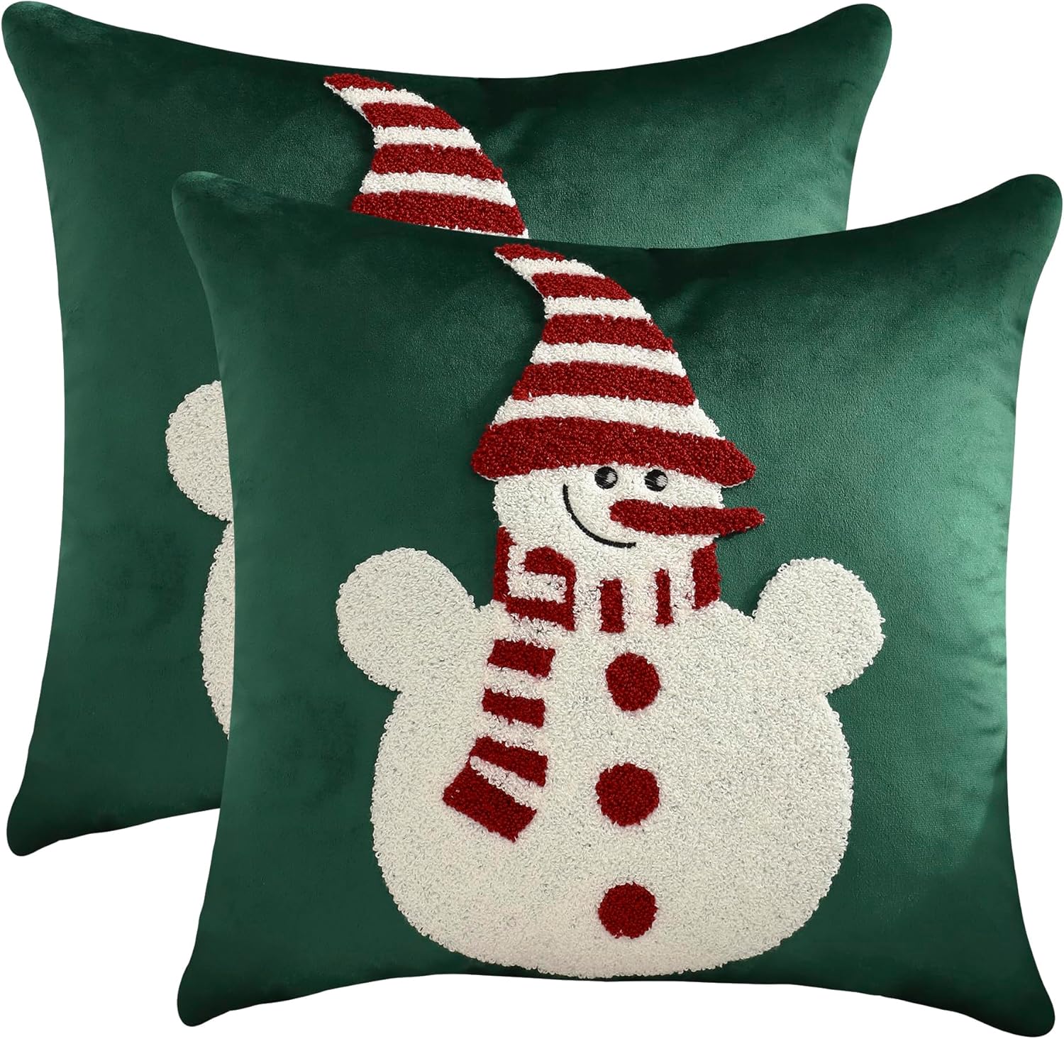 LUOYEHK Christmas Snowman Pillow Covers 18x18 Set of 2 Velvet Green Pillow Cases Winter Holiday Embroidered Cushion Covers for Couch Sofa Bed