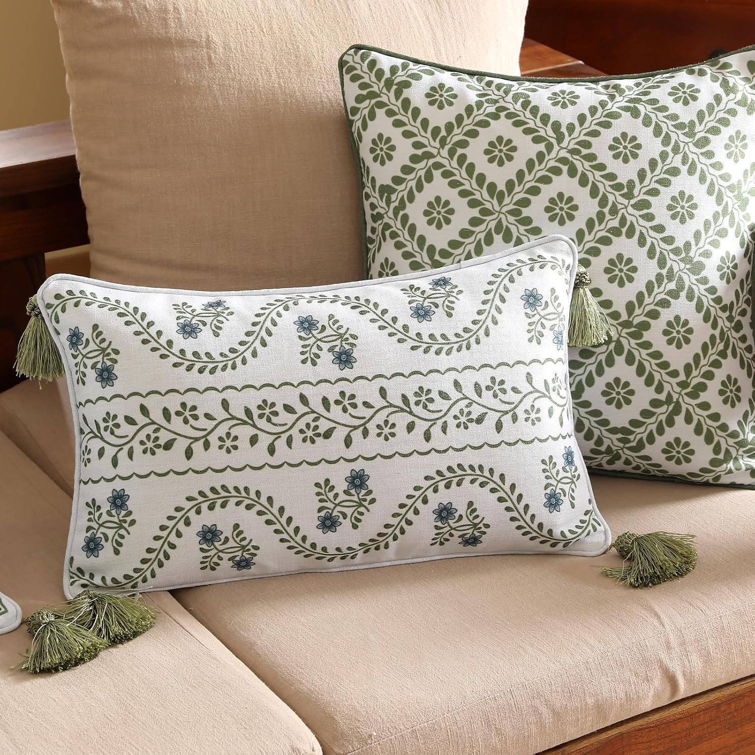 ISAENNE Design Fresh Linen Rectangle Throw Pillow Covers 12"x20", French White Cottage Cushion Covers with Green Branches Pattern Decoration Pillowcases for Bed,Living Room,Outdoor,Car