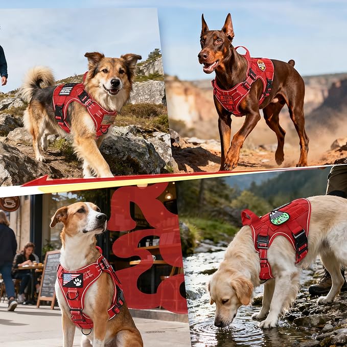 rabbitgoo Tactical Dog Harness Medium Sized, No Pull Upgraded Reflective Heavy Duty Molle Vest with Handle, Adjustable Military Service Dog Vest for Walking Hiking Training, Red, M