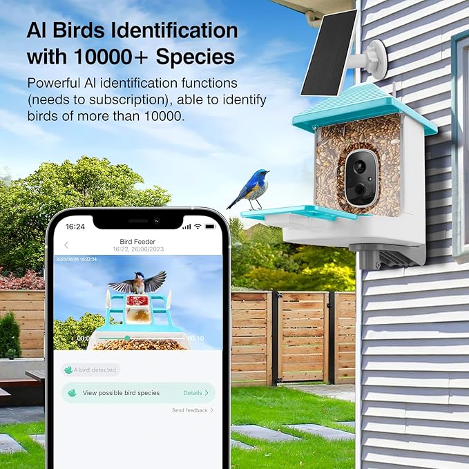 Smart Bird Feeder with Camera,AI Identify Species,Bird House with Solar Powered,Instant Arrival Alerts,2K Capture Video,Live View for Lover (Blue)