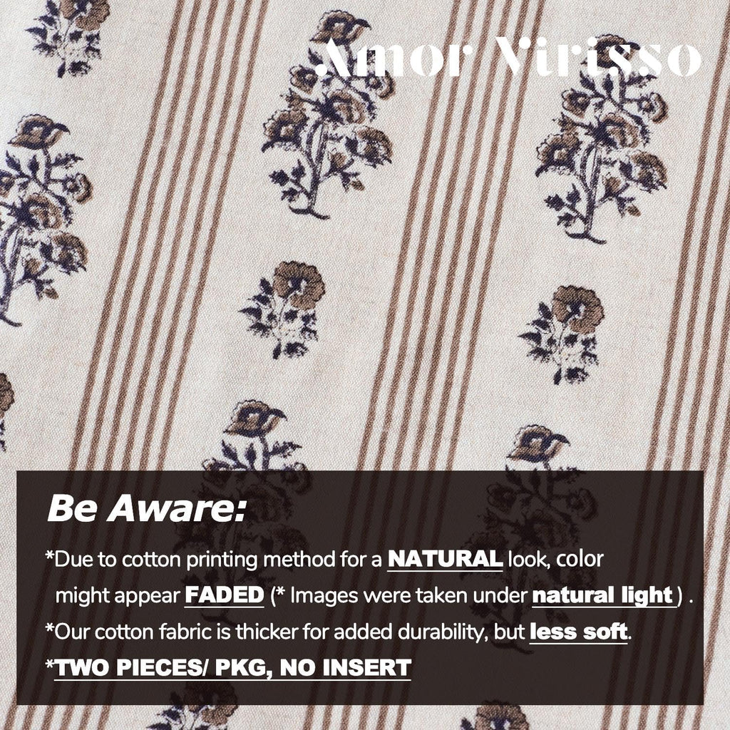 Amor Virisso Floral Throw Pillow Covers 24x24 Set of 2 Block Print Pillow Covers Neutral Floral Striped Farmhouse Decorative Pillow Covers for Sofa Couch Bed, Brown