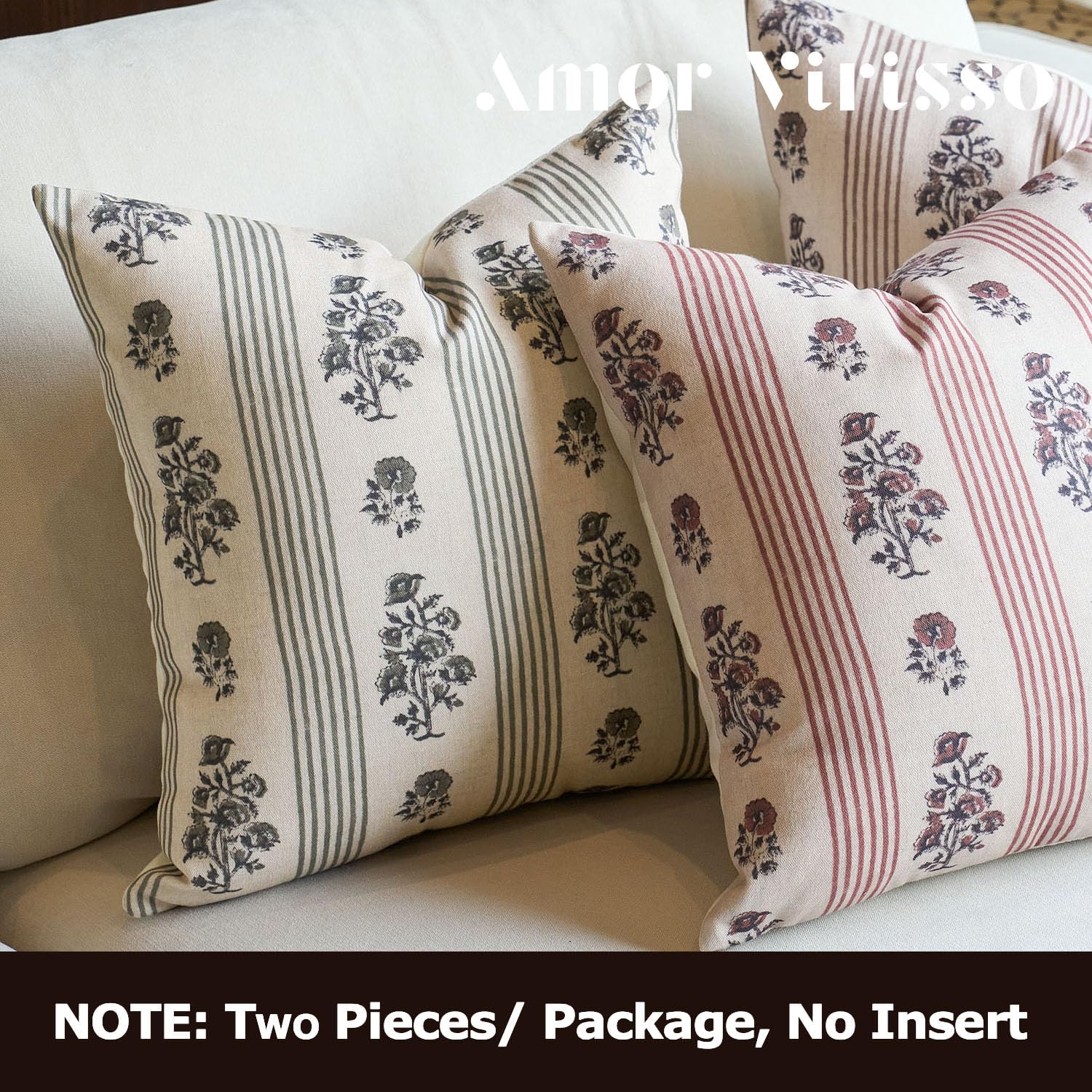 Amor Virisso Floral Throw Pillow Covers 20x20 Set of 2 Block Print Pillow Covers Neutral Floral Striped Farmhouse Decorative Pillow Covers for Sofa Couch Bed, Dusty Green