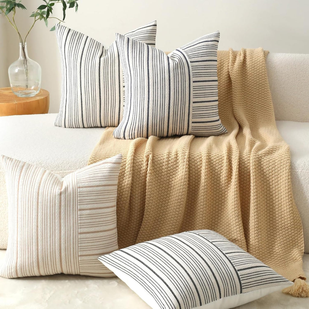 DWR Striped 3D Textured Weave Throw Pillow Covers 18x18 Set of 2, Polyester Cotton Blend in Khaki, Modern Farmhouse Decorative Pillow Cases for Couch Sofa Bed Living Room