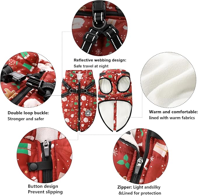 Aiboria Dog Jacket Windproof Fleece Dog Sweater with Padded Vest Chest Strap Harness Dogs Coat Christmas Red 4XL