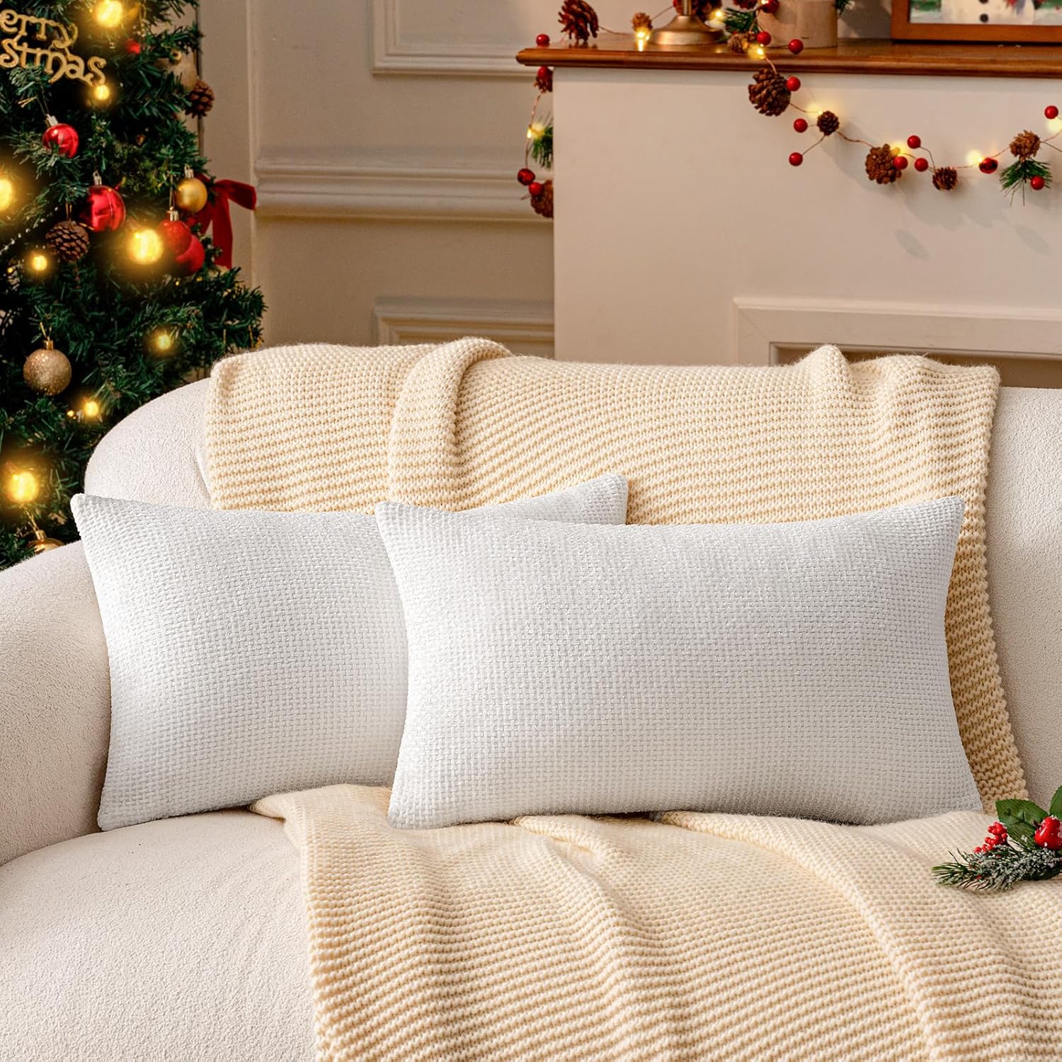 a moment Christmas White Chenille Throw Pillow Covers 12x20 Inch Pack of 2 Modern Decorative Throw Pillow Covers Farmhouse Cross Throw Pillowcases Home Decor for Sofa Bedroom Living Room Spring