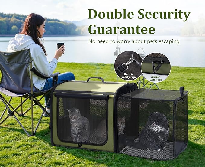 pecute Dog Car Carrier Stable and Light Weight, Expandable Extra Space Dog Carrier for Cars, Breathable Dog Car Crate, Foldable Pet Carrier for Both Indoor and Outdoor Use, Pet Travel Crate Green