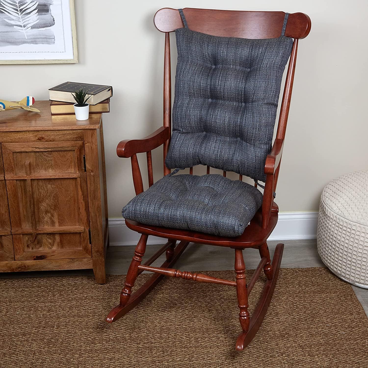 Klear Vu Omega Non-Slip Rocking Chair Cushion Set, Assembled in USA, Thick Padding & Tufted Design, Includes Seat Pad & Back Pillow with Ties, 17x17 Inches, 2-Piece Set, Denim