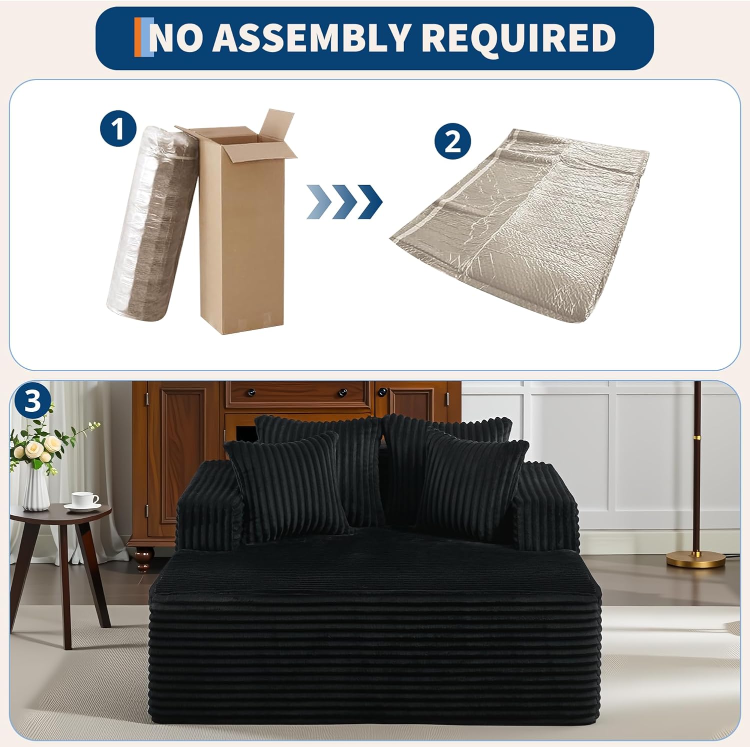 61" Oversized Chaise Lounge Chair Indoor, Boneless Couch Cloud Fluffy Chaise Lounges Corduroy Upholstered Sofa Bed w/Throw Pillows for Living Room Home Black