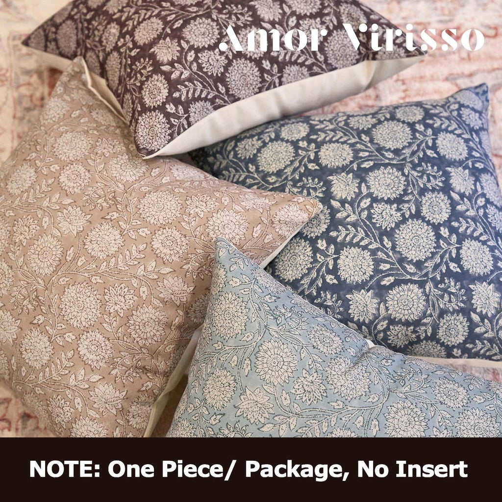 Amor Virisso Floral Pillow Covers 20x20 Throw Pillow Covers Vintage Block Print Pillow Cover Neutral Couch Pillows for Living Room Farmhouse Decorative Accent Sofa Pillows, Dusty Blue