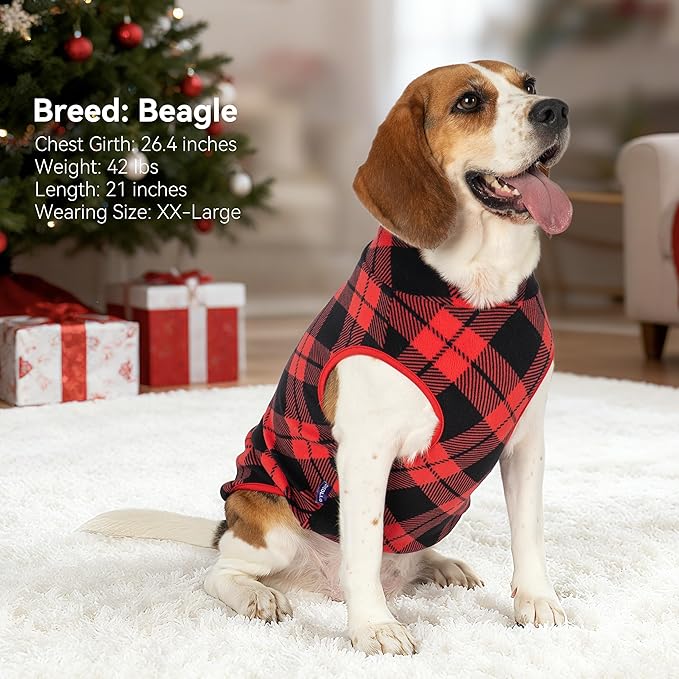 cyeollo 2 Pack Small Dog Sweater, Soft Stretchy Fleece Vest with Reflective Stripe Pullover Sweatshirt Dog Jacket Pet Clothes in Cold Weather Sweaters for Small Dogs Cats, Red & Buffalo Plaid M