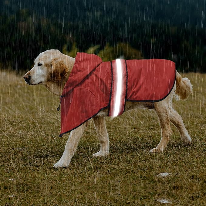 Reflective Dog Raincoats Hooded - Waterproof Lightweight Dog Raincoat Slicker Poncho, Adjustable Safety Dog Rain Coat Jacket for Small, Medium, Large Dogs (Medium, RED)