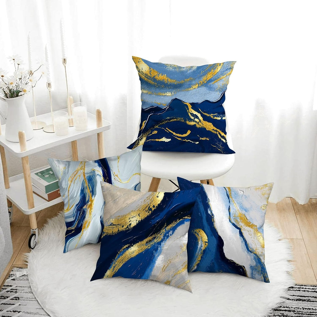 Navy Blue and Gold Throw Pillow Covers 18x18 Inches Set of 4, Modern Decorative Abstract Oil Painting Pillow Cover for Sofa Bed Chair Office Bedroom Livingroom Couch Dark Blue and Gold Decor