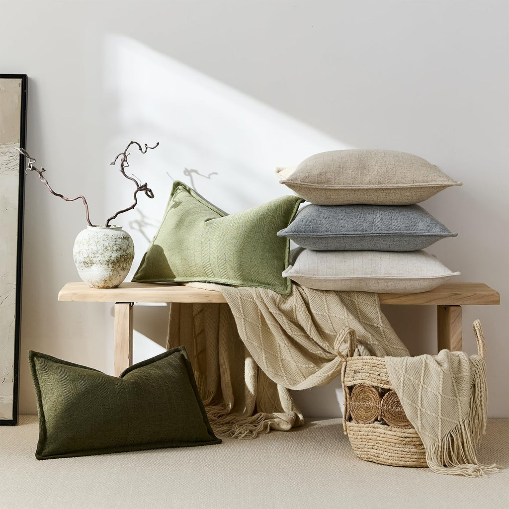 12x20 Linen Pillow Covers Sage Green Pack of 2 Farmhouse Boho Neutral Accents Striped Textured Rectangular Lumbar Decorative Throw Pillow Cases for Living Room Couch Bed Home Decor