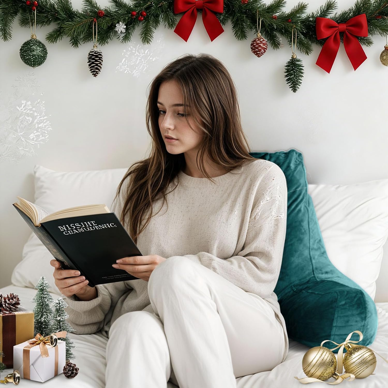 Reading Pillow for Sitting in Bed Adult, Reading Pillow with Shredded Memory Foam, Bed Pillow with Washable Cover, Back Pillow Sitting Up with Extend Arms, Prussian Blue, Large