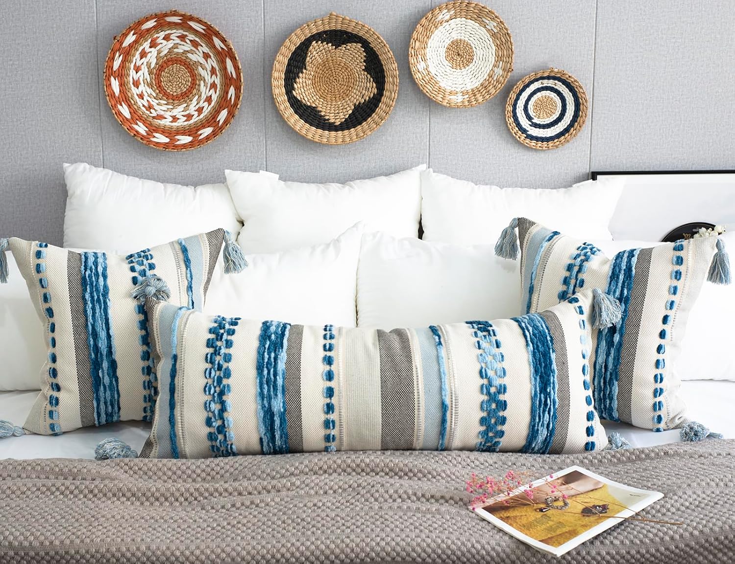 PANOD Chenille Farmhouse Throw Pillow Covers 18 x 18 Blue, Neutral Boucle Couch Pillow Cover, Striped Decorative Boho Coushion Cover Pillow Case for Couch Bed Sofa Bedroom,Modern Accent,Set of 2