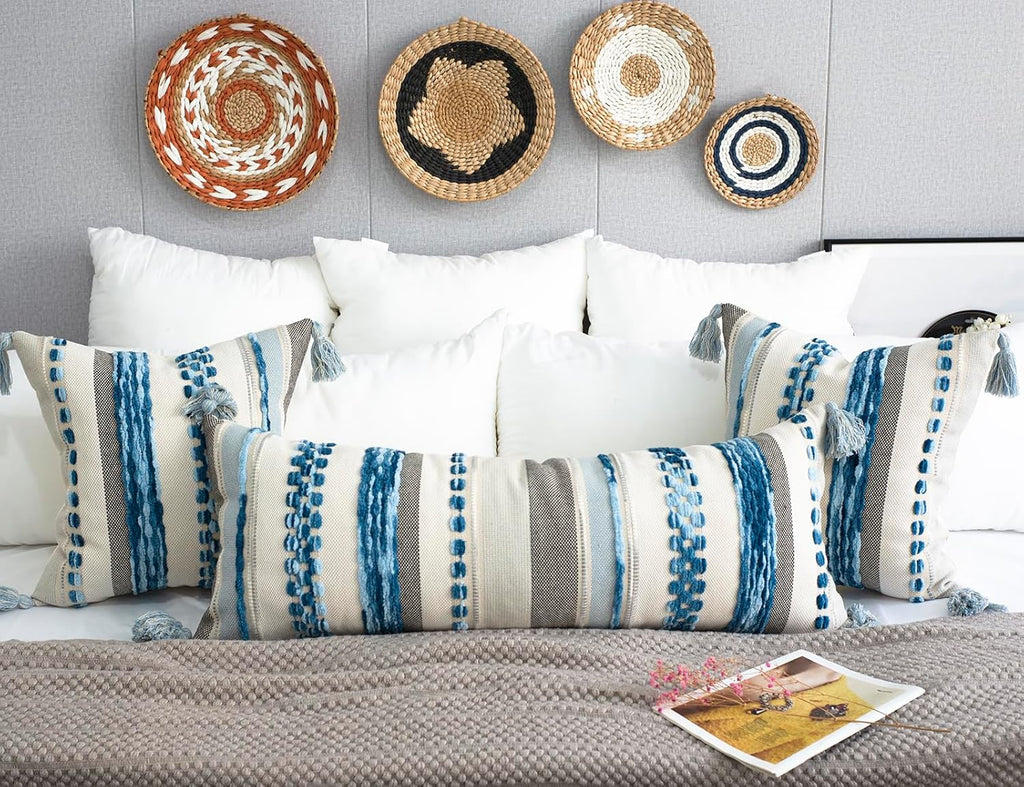 PANOD Chenille Farmhouse Throw Pillow Covers 16 x 16 Blue, Neutral Boucle Couch Pillow Cover, Striped Decorative Boho Coushion Cover Pillow Case for Couch Bed Sofa Bedroom,Modern Accent,Set of 2