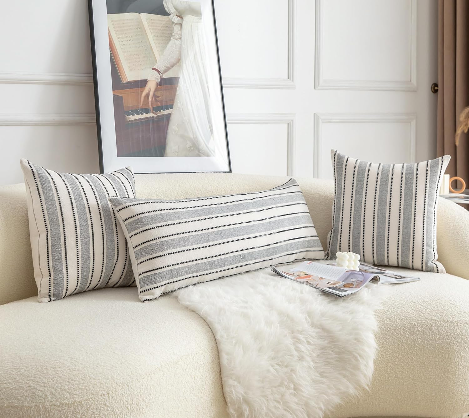 Decorative Boho Lumbar Pillow Covers, Modern Farmhouse Couch Pillowcase, 14 x 36 Long Accent Body Throw Pillow Covers, Sofa Bed Living Room Decor Cushion Case, Black and Beige, Pack of 1