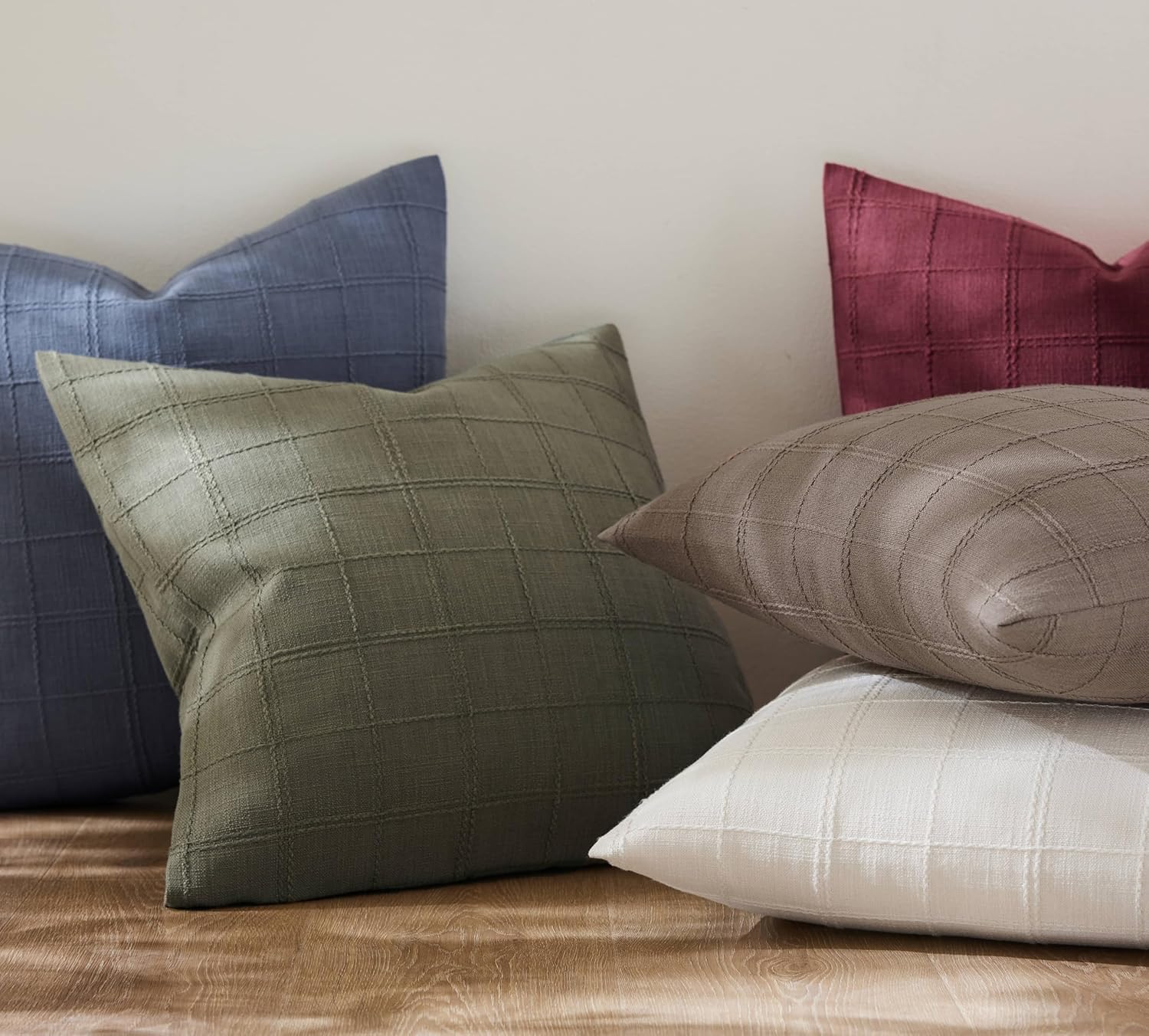 ZeeMart Linen Checked Throw Pillow Covers Set of 2, 16x16 Inch Allover Grid Olive, Farmhouse Decorative Double Sided Grid Embroidered Couch Pillow Cases Green Cotton Linen Cushion Covers