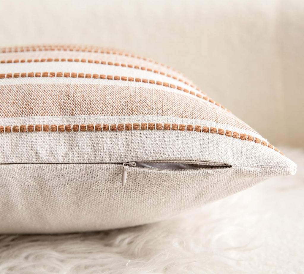 Decorative Boho Throw Pillow Covers, Farmhouse Textured Pillow Case, 22 x 22 Inch Set of 2, Chair Sofa Bedroom Living Room Home Decor Couch Cushion Case, Brown and Beige Striped