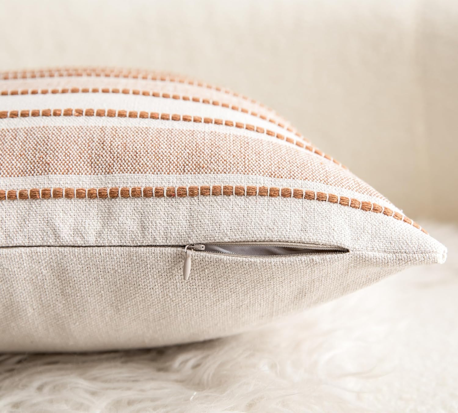 Decorative Boho Throw Pillow Covers, Farmhouse Textured Pillow Case, 22 x 22 Inch Set of 2, Chair Sofa Bedroom Living Room Home Decor Couch Cushion Case, Brown and Beige Striped