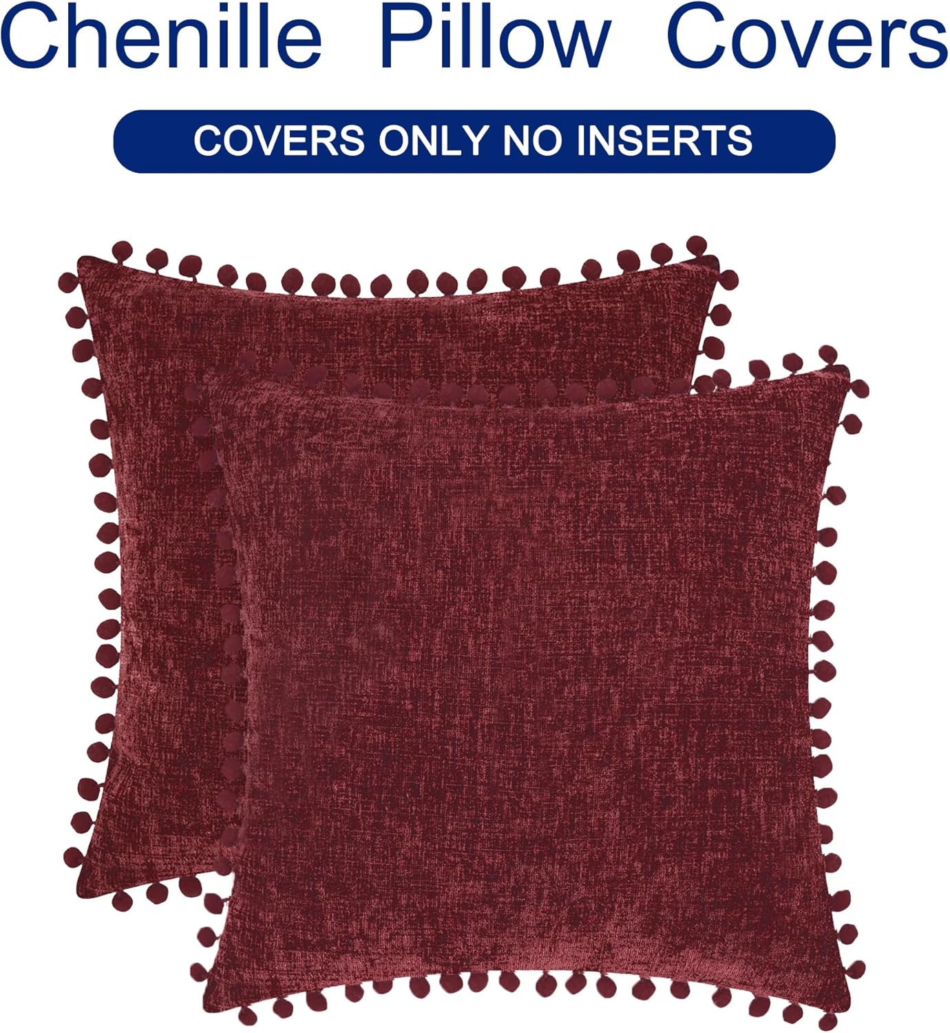 CaliTime Christmas Throw Pillow Covers Decorative 18 X 18 Inches Pack of 2 Cozy Solid Dyed Soft Chenille Cushion Cases with Pom Poms for Couch Sofa Bed Living Room Home Burgundy