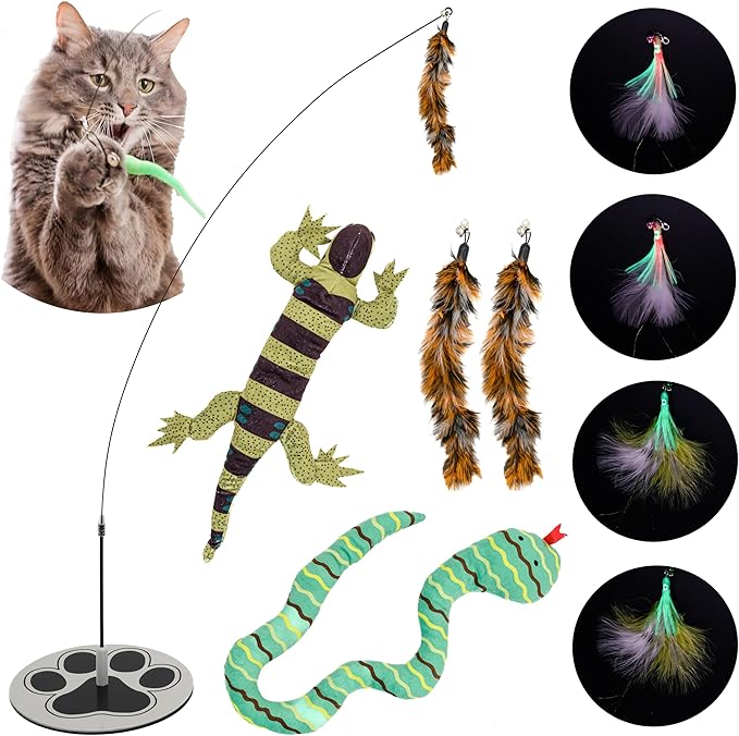 Cat Wand Toy with Round Base – Interactive Feather & Glow-in-The-Dark Octopus Attachments – Suction Cup Cat Toy for Indoor Cats & Kittens