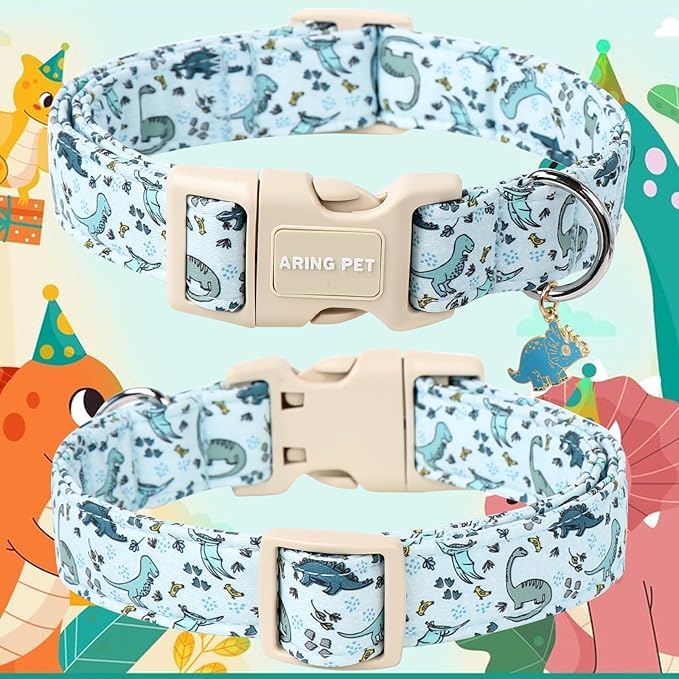 ARING PET Dinosaur Dog Collar, Blue Summer Pet Collars with Quick Release Buckle for Puppy Small Medium Large Boy Girl Dogs-L