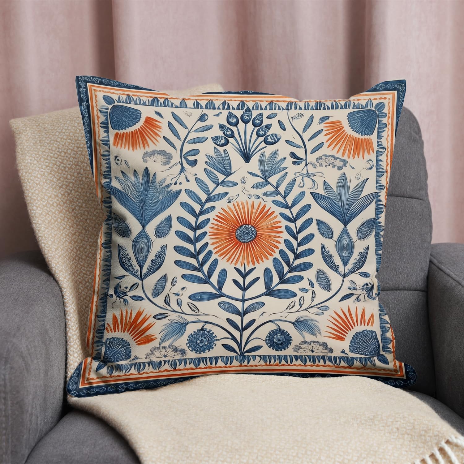 Vintage Boho Floral Print Throw Pillow Cover, Orange, Blue - Retro Rust Floral Decor Pillowcase, Indoor Outdoor Cushion Case for Sofa Couch Bed Living Room Bedroom Home (Blue&Orange, 18x18inch)