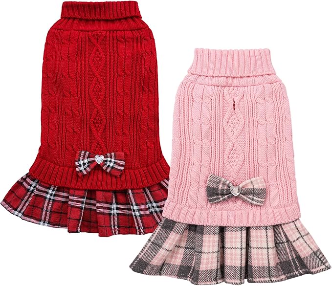 WOYYHO 2 Pack Girl Dog Sweater Dress with Bowtie Turtleneck Knitted Small Dog Sweater Dress with Leash Hole, Puppy Winter Clothes Warm Sweaters for Yorkies Chihuahua (S, Pink+Red)